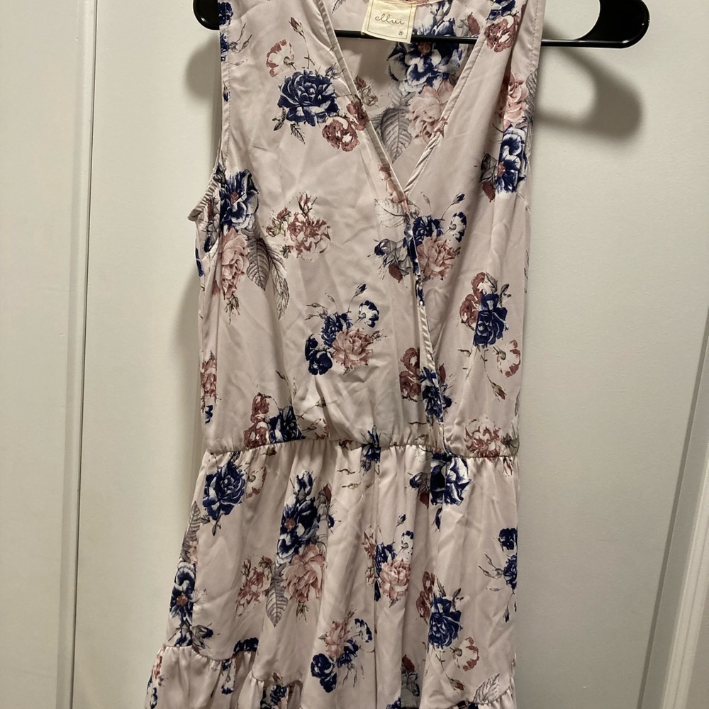 Cream and Blue Floral Jumpsuit with V-Neckline